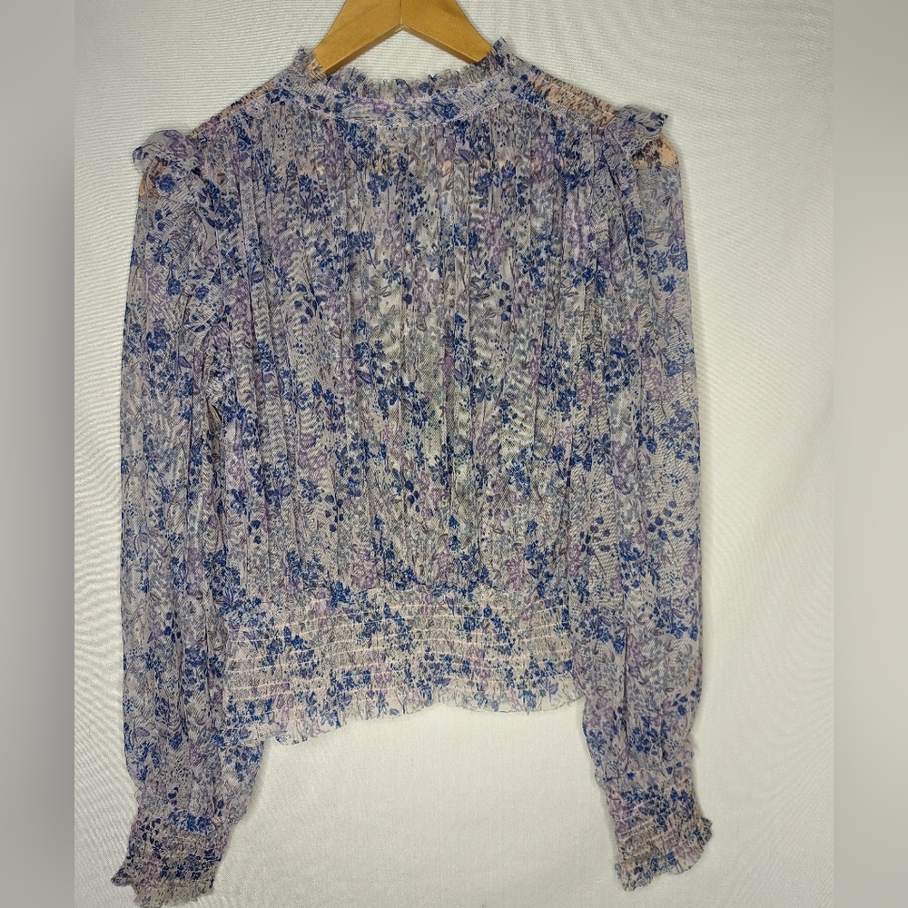 Free People Twyla Floral Lilac Long Sleeve Shirt Size Large Boho Cuffed Tie - Picture 4 of 12